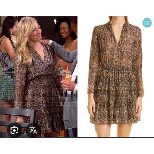 ba&sh Paris Mini Dress Sze2 Medium Printed Long Sleeve Ruffle Tiered V Neck Kaki